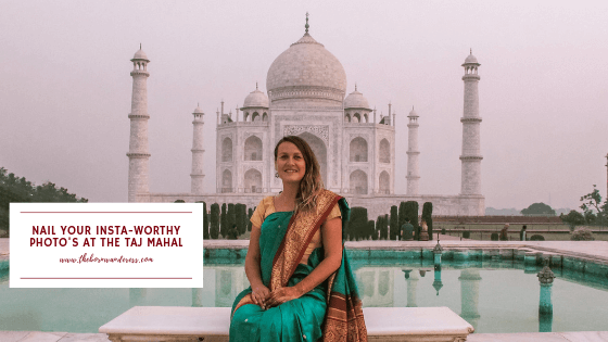 helpful blogs header image number 5. woman sits on a marble bench in front of the Taj Mahal in India. she is wearing a green, maroon and gold silk sari with her hands folded in her lap. the title of the blog reads nail your insta-worthy photos at the Taj mahal