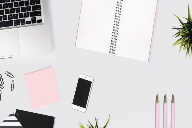 flat lay showing a laptop, pens, paper clips, an open notebook, small plant, an iphone, pink sticky notes on a white background