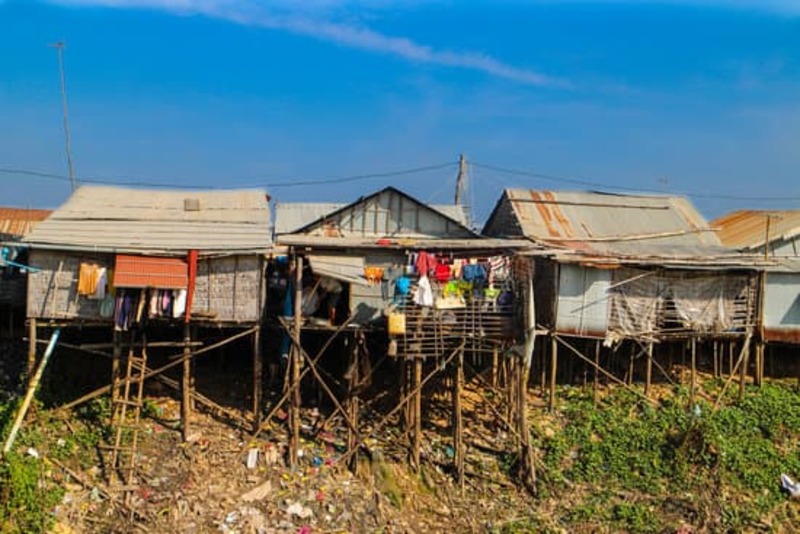 Shanty town on the banks of Tonle Sap Lake, Cambodia, Southeast Asia