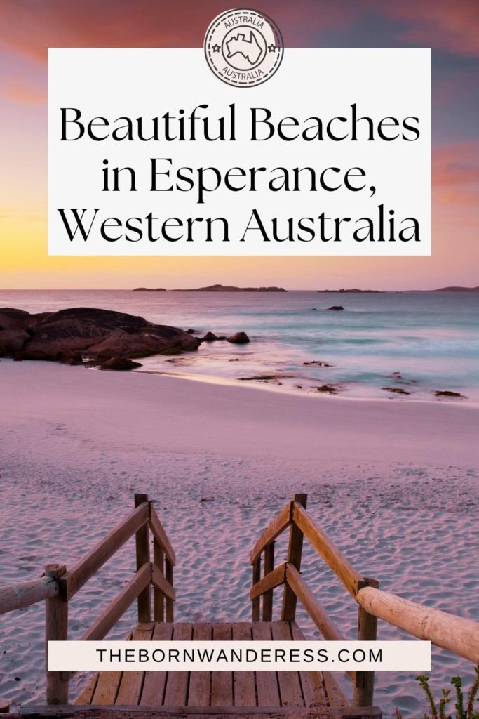 Photo of Twilight Beach in Esperance, Western Australia. Text at the top reads "Beautiful Beaches in Esperance, Western Australia."