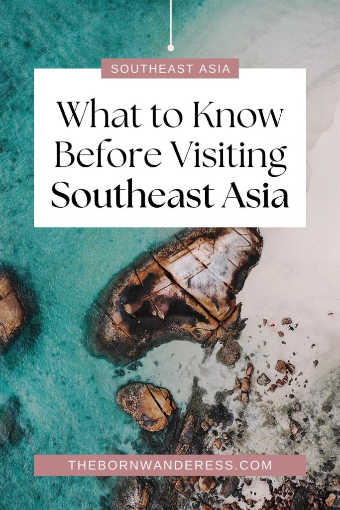 Aerial photo of a beach with turquoise waters. Text at the top reads "What to Know Before Visiting Southeast Asia."