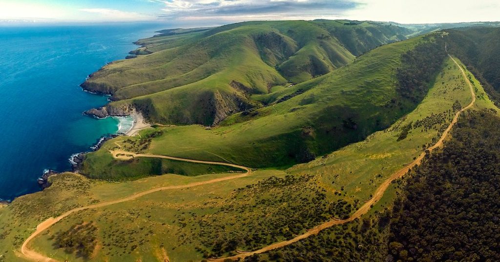 lush green bushland over rolling hills. there is a long windy gravel road leading down from Cobbler Hill Campsite at the peak of one hill meandering all the way to the bottom at Blowhole beach and the Southern Ocean