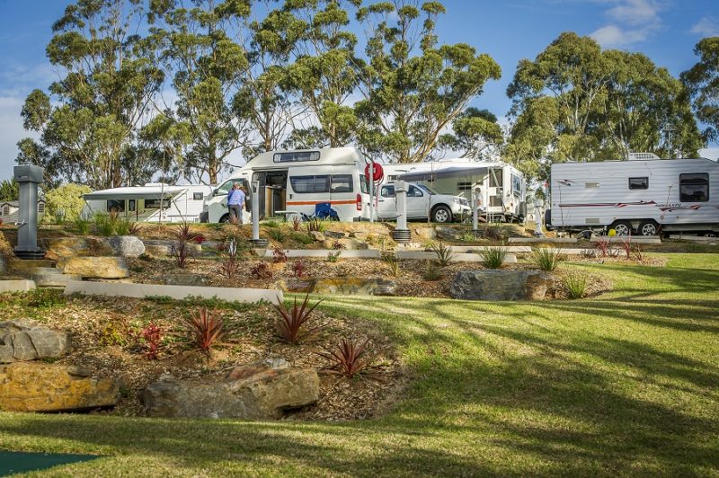 lush green campsites filled with campers and caravans up a soft rolling hill