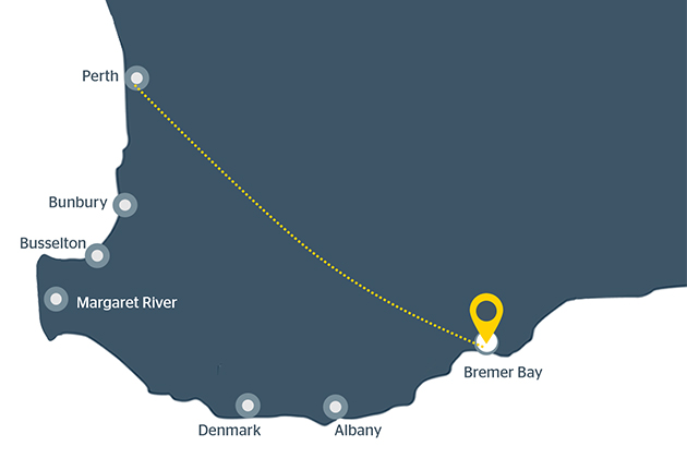 illustrated map of south west western Australia. Town mentioned include Perth, Bunbury, Busselton, Margaret River, Denmark, Albany and Bremer Bay. There is a yellow dotted line from Perth to Bremer Bay