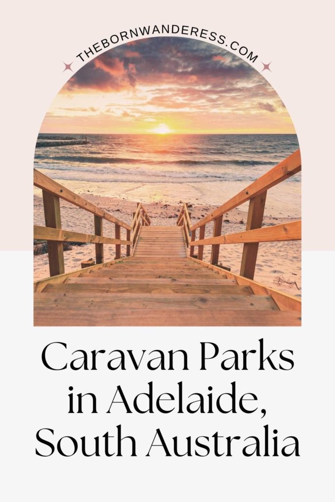 Photo of walkway leading to a beach near Adelaide, South Australia. Text below the photo reads "Caravan Parks in Adelaide, South Australia."