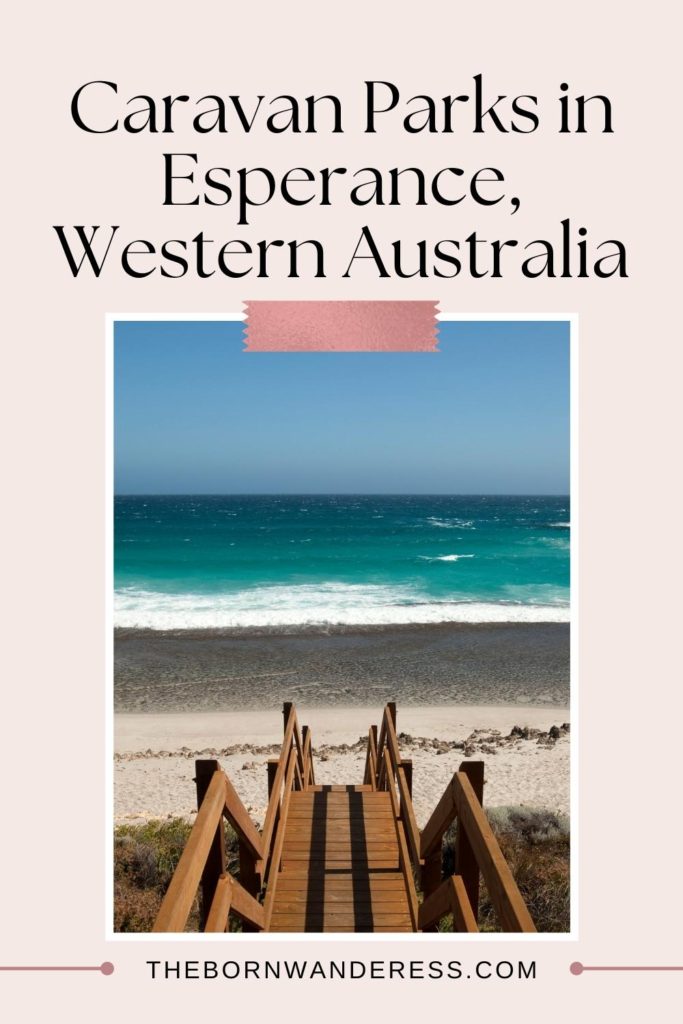 Photo of a staircase leading down to a beach in Esperance, Western Australia. Text above the photo reads "Caravan Parks in Esperance, Western Australia."