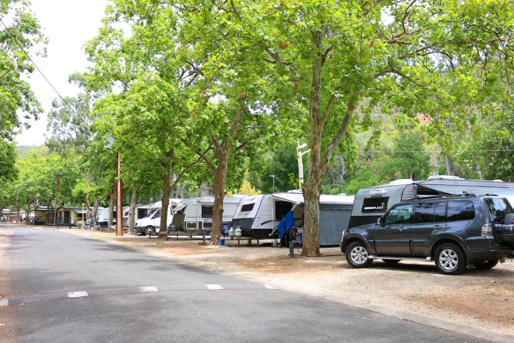 caravans and cars are parked under big shady green trees at Brownhill creek toursit caravan park in the Adelaide suburb of Mitcham. a road with speed bumps is in the foreground, with some cabins visible in the background