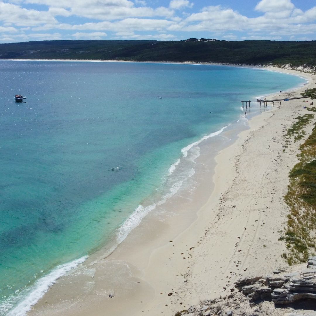 an aerial view from on top of the cliffs looking back toward Hamelin Bay beach and the old jetty pylons. The ocean is to the left of the image with one boat is visible in the water. the vegetation at the bottom of the cliffs are visible to the bottom of the image. The jetty pylons are in the far background to the top left of the image