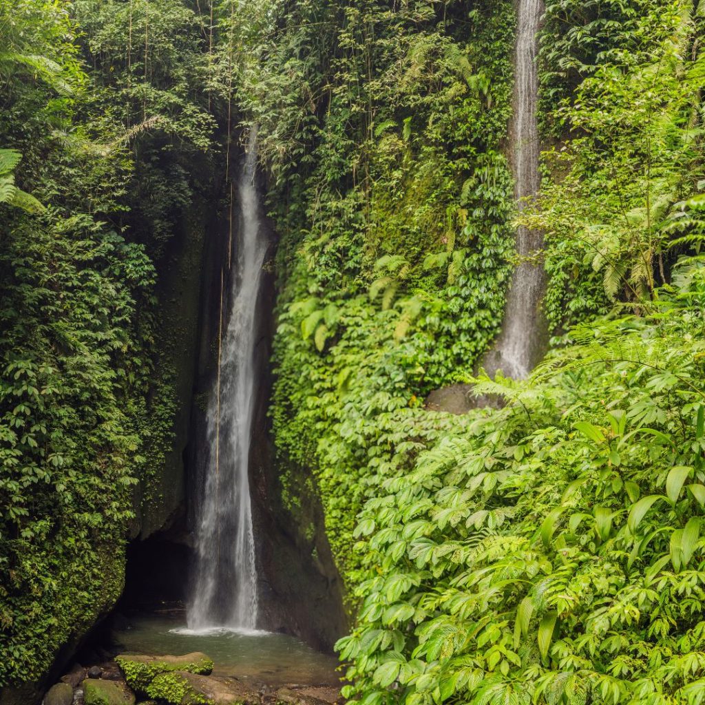 Single drop waterfall in central Bali, Leke Leke. water drops over the edge and lands in small rocky pool of water at the base