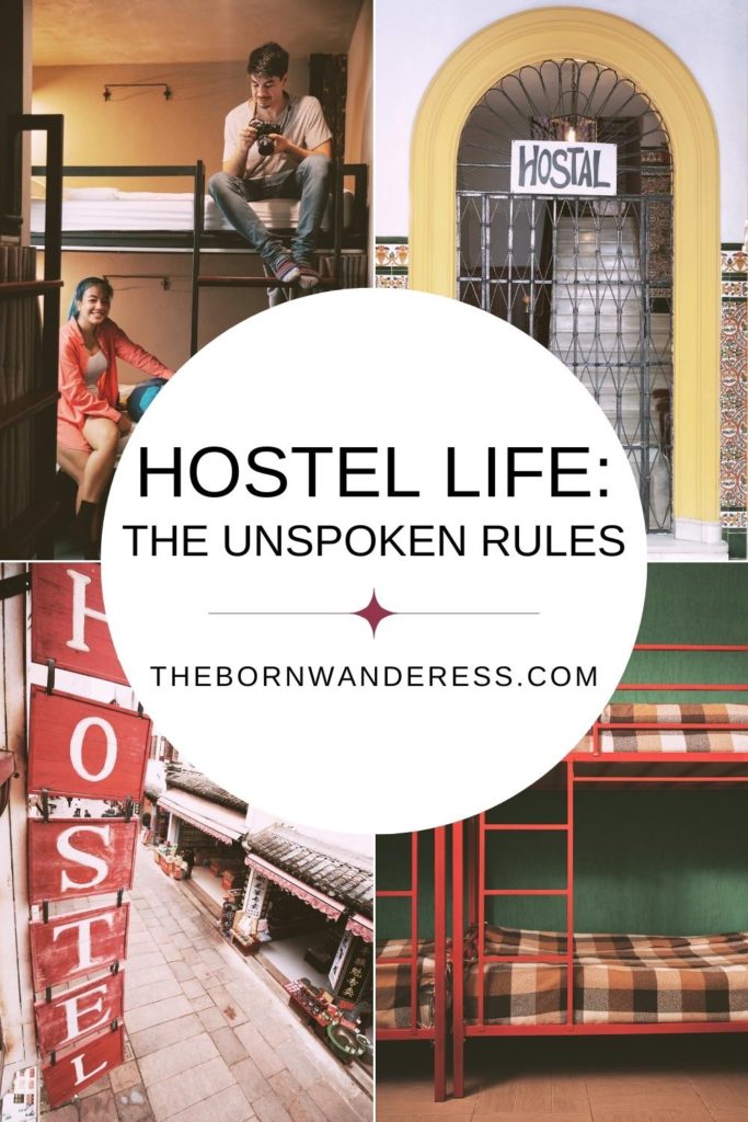 Grid with 4 photos depicting hostel life. Text in the middle reads "Hostel Life: The Unspoken Rules."